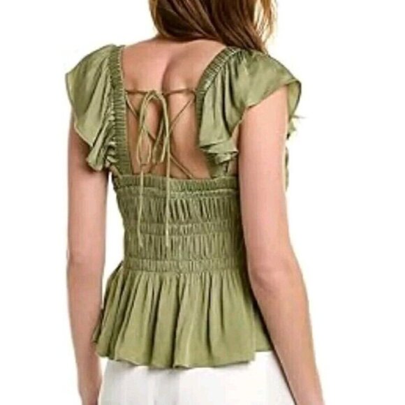 NWT $175 TED BAKER LONDON ALOVIA SMOCKED TOP LACE UP BACK MID-GREEN TOP SZ 2/US6 - Picture 3 of 12